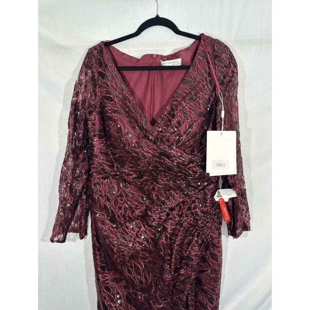 NWT $698 Mac Duggal‎ [ 16 ] Long Sleeve Ruched Sequined V Neck Gown Garnet Red